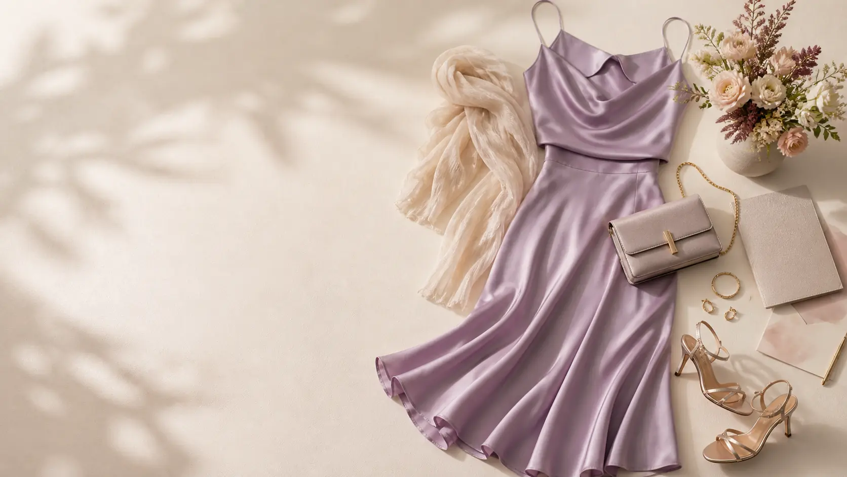 Elegant occasionwear flat lay with dress, heels, bag and accessories